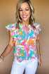 Abstract Print Notched Neck Flutter Sleeve Blouse